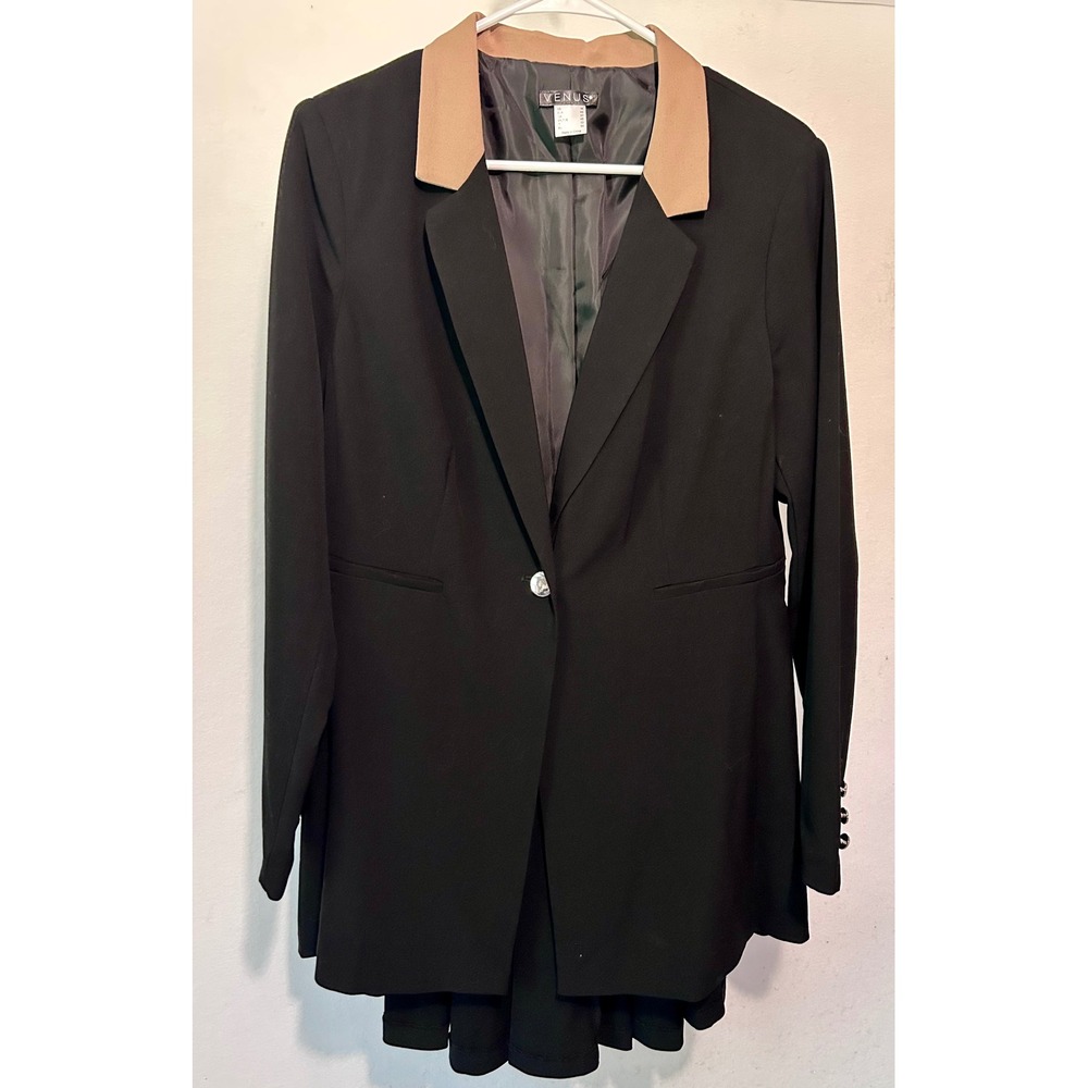 Venus Black Contrast Collar Pleated Peplum Blazer Jacket Womens 14 Z53518